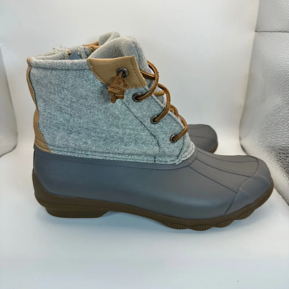 Sperry Saltwater Duck Boots Women 8.5 Grey Wool Rubber Winter Rain Preppy